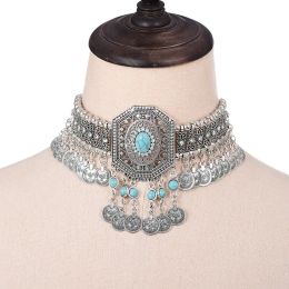 Necklaces Ethnic Statement Collar Necklace for Women Choker Bohemian Vintage Hollow Geometric Crystal Rhinestone Beads Coin Tassel Jewellery