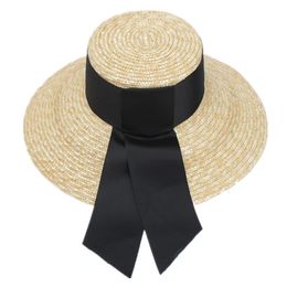 Summer Unisex Handmade Straw Flat Top Caps Women Large Wide Brim Sun Hat With Bow Beach Protection 240423