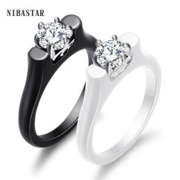 Bands Black White Colour Wedding Rings For Women Smooth Ceramic Bijoux Ring Clear AAA Cubic Zircon Engagement Rings