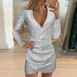 Casual Dresses Women Sexy Sequins V-neck Long Sleeve Pleated Slimming Shiny Party Vestidos Elegant Luxury Ladies Formal 2024