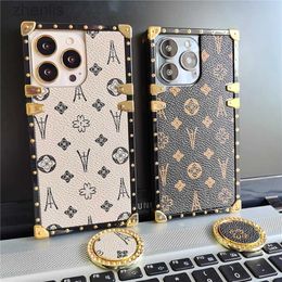 Cell Phone Cases Luxury Flower Geometric Pattern Square Leather Phone Case For iPhone 14 PRO MAX 13 15 PRO 12 11 X XS XR 7 8 14 Plus Soft Cover d240424