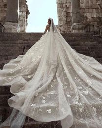 Bridal Veils Luxury Cathedral Wedding Arabic Beaded Stones Sweep Train Ivory Veil Long Without Comb