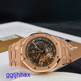 AP Classic Wrist Watch Royal Oak Series 15407OR Rose Gold Hollow Double Pendulum Watch Men's Fashion Causal Business Sports Mechanical Watch