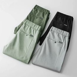 Spring Summer Pants Mens Stretch Korean Casual Slim Fit Elastic Waist Business Classic Trousers Male Black Gray Light Green 240423