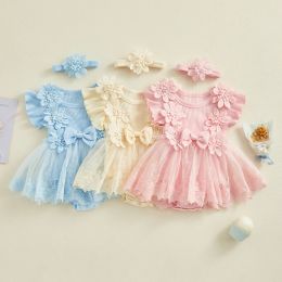One-Pieces Pudcoco Infant Baby Girl 2 Piece Outfits Mesh Lace Patchwork Ruffle Romper Dress and Headband Cute Fashion Summer Clothes 018M