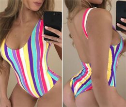 Summer Rainbow Onepiece Suits Women Swimwear Bandage Unpadded Bikini Striped Bra Bathing Suit Swimsuit9944651