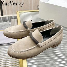 Casual Shoes Cow Suede Loafers Women Round Toe Slip-on Flat Ladies Chain Decor Walk Fashion Comfort Woman