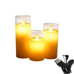 USB Rechargeable Flickering Dancing Wick Pillar Candle Paraffin Wax LED Glass Set Wedding Festival Home Decoration-Amber 240417