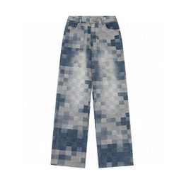 Men's Jeans Mosaic Jeans Checkerboard Colored Jacquard Skateboard Pants Loose Straight Street Jeans