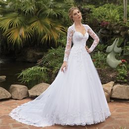 Elegant Long Lace Sweetheart Wedding Dresses With Sleeves A-Line Ivory Tulle Sweep Train Covered Back Classy Bridal Gowns for Women