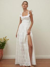 Casual Dresses 2024 Embroidered Long Dress White Women Ruffle Cotton Eyelet Hollow Out Short Summer Beach Female