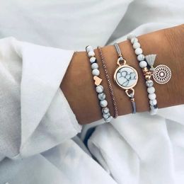 Bärade 4st/set Bohemian Stone Pärlor kedjor förvarare set för kvinnor metall hjärta runt tofs charm Bangle mode smycken 240423