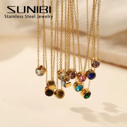 Necklaces SUNIBI Stainless Steel Birthstone Necklace for Woman Gold Colour Bride Designer Pendant Necklaces Birthday Gift Jewellery Wholesale