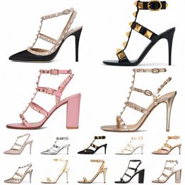 Designer High Heel Sandal Dress Shoes Ankle Strap Roman Studs Black Nude Strip Rivets Womens Stiletto Block Heel 35-42 U1a4#