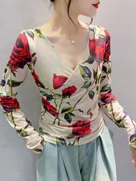 Women's T Shirts Autumn V-neck Folds Mesh Printed Long Sleeve T-shirt Fashion Slim Fit Base Trend Top BH9730