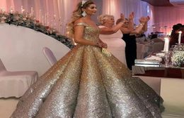 Shinning Golden Sliver Prom Dresses Sequined Off Shoulder Sleeveless Ball Gown Evening Dress Custom Made Red Carpet Dresses 2018 P3500946