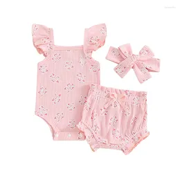 Clothing Sets Summer Infant Baby Girls Shorts Set Flower Print Sleeve Romper Elastic Waist And Hairband Outfit Clothes