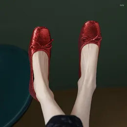 Dress Shoes Phoentin Red Sequined Cloth Party Flats 2024 Autumn Elegant Women Low Heels Shining Pumps Soft Ballet Plus Size 42 FT2833