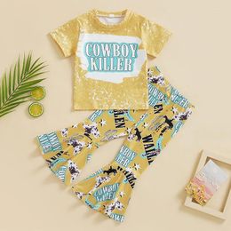 Clothing Sets Lovely Infant Baby Girls Casual Clothes Set Toddler Letter Print Short Sleeve Top Cow Head Flare Pants 2Pcs Outfits Suit