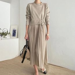 Casual Dresses Clothland Women Elegant Patchwork Pleated Dress O Neck Long Sleeve High Waist Drawstring Midi Vestido QD345