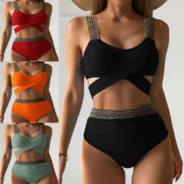 Tight Open Women's Swimsuit Bikini Back High Waist Swimsuit Covering Belly Gold Elastic Band Y05 2024 0424-6