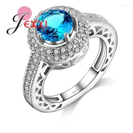 Cluster Rings Trendy Round Blue Crystal Shiny Zircon Rhinestone Pave Women Wedding Engagement 925 Sterling Silver Needle Finger Jewellery