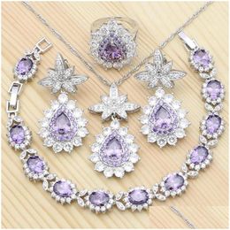 Charm Bracelets Pineapple Shape Sier Jewellery Sets Purple Cubic Zirconia Ring Bracelet Pendant Necklace Earrings For Women Party Acce Dh1Cb