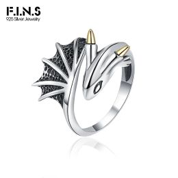 Rings F.I.N.S Vintage S925 Sterling Silver Flying Dragon Ring Retro Old Opening Adjustable Index Finger Punk Animal Fine Jewellery Gifts