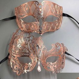 Gold Rose Party Women Masks Men Couple Pair Lover Made of Light Metal Laser Cut Filigree Venetian Mardi Gras Masquerade Ball Prom Ma Dh2fs