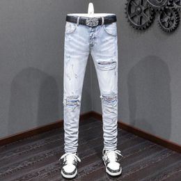 Men's Jeans Street Fashion Men Retro Light Blue Stretch Elastic Skinny Fit Ripped Hole Patched Designer Hip Hop Brand Pants