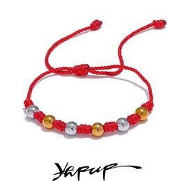 Beaded Yhpup Unisex 7 knots Lucky Handmade Woven Jewelry Gift Fashion Stainless Steel Beads Red Rope Braided Fate Bracelet Bangle 240423