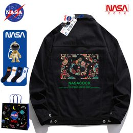 NASA Co Branded Jackets for Men and Women Spring and Autumn New Polo Neck Trendy Loose Instagram High Street Couple Fashion Denim Coat HNU