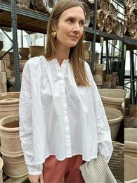 Women's Blouses Spring 2024 Women Round Neck White Blouse Embroidered Hollow Puff Sleeve Patchwork Ladies Single Breasted Shirt Top
