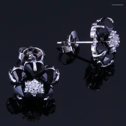 Stud Earrings Graceful Flower Black Cubic Zirconia White CZ Silver Plated V1041