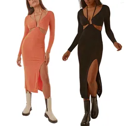 Casual Dresses Women Solid Colour Halter Dress Long Sleeve Deep V-neck Side Split Hollow Out Woman Summer 2024