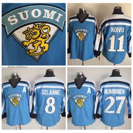 Kob Mens Vintage 11 SAKU KOIVU 1998 Team Finland Hockey Jerseys 27 TEPPO NUMMINEN 8 TEEMU SELANNE Light Blue Jersey M-XXXL