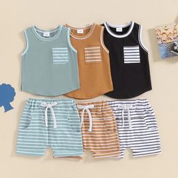 Clothing Sets Toddler Infant Baby Boys Summer Outfits Pocket Sleeveless Tank Tops And Stripe Elastic Waist Shorts 2Pcs Clothes Set