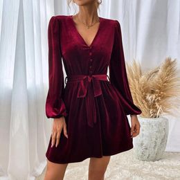 Casual Dresses Slim A-Line Dress Sexy Fashion Velvet Sequin Deep V Long Sleeve Evening 2024 Ladies Elegant Waist Banquet Mini