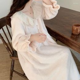 Women's Sleepwear Pyjamas Korean Fleece Piece Home Wear One Warm Solid Ruffle Winter Nightgown Dress Womens Style Sleeve Lace Long Night