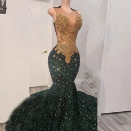 2024 Emerald Green Sequin Prom Dress For Blackgirls Gold Rhinestones Beaded Formal Party Gala Gown Vestidos De Festa