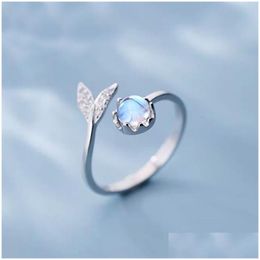 Band Rings Luxury Zircon Tail Moonstone Opening For Women Dolphin Cat Moon Tassel Adjustable Finger Ring Party Jewellery Gifts Drop Deli Dhdlv