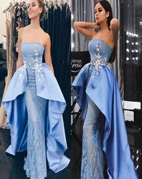 Saudi Arabia SkyBlue Prom Dresses With Satin Overskirt Fashion Strapless Applique Lace Mermaid Party Dress Glamorous Sexy Evening4007698