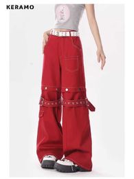 Kvinnors jeans amerikanska retro röd hög midja rak jeans kvinnor hip-hop fickor byxor 2024 vår casual y2k grunge street denim byxor 240423