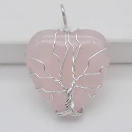 Pendant Necklaces Lucky Handmade Tree Of Life Rose Quartz Stone Heart Wire Wrap Jewelry S3166