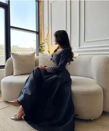 Elegant Black satin Formal Evening dresses Saudi Arabian women's beaded long sleeves crystal square neck ankle-length ball dress