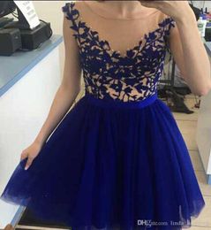 2019 Cheap Short Royal Blue Cap Sleeves Cocktail Dress Fashion Knee Length Holiday Club Wear Homecoming Party Dress Plus Size Cust8665418