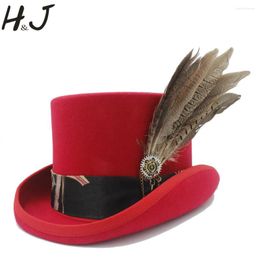 Berets 13.5CM Top Red Women Steampunk Hat / Handmade Men Leather Wool Fedoras Cylinder Hat/ Chimne Cap Drop