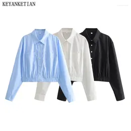 Women's Blouses KEYANKETIAN 2024 Launch Elastic Waist Solid Colour Cropped Shirt Office Lady Single Breasted Loose Leisure Blouse Top