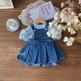 Sets 6575C Baby Clothes 2023 Summer New Fashion Hollow Out Girl's T Shirt Knit Shortsleeved Tops Or Denim Strap Pleated Skirt