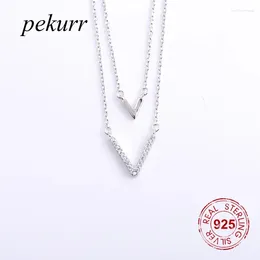 Pendants Pekurr 925 Sterling Silver Double Chain V Letter Necklaces For Women Simple Zircon Fashion Jewellery Gifts